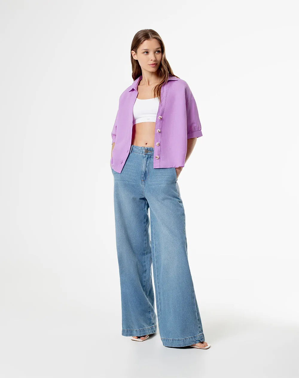 Camisa manga corta holgada lino violeta mujer sold by Gef product image thumbnail 4