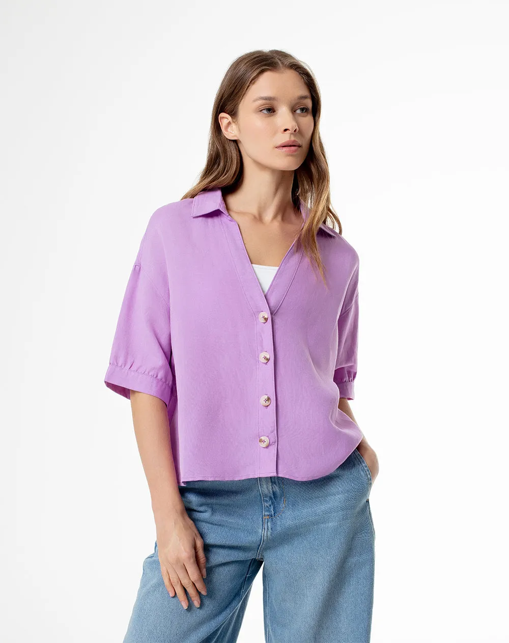 Camisa manga corta holgada lino violeta mujer sold by Gef