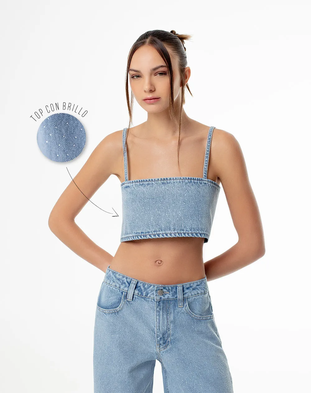 Crop top denim brillos índigo claro mujer sold by Gef