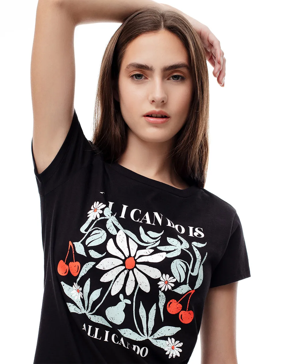 Camiseta regular algodón negra estampada mujer sold by Gef