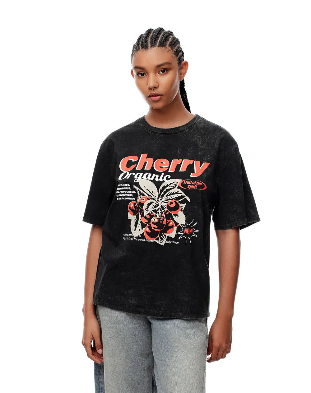 Camiseta regular algodón negra estampada mujer sold by Gef