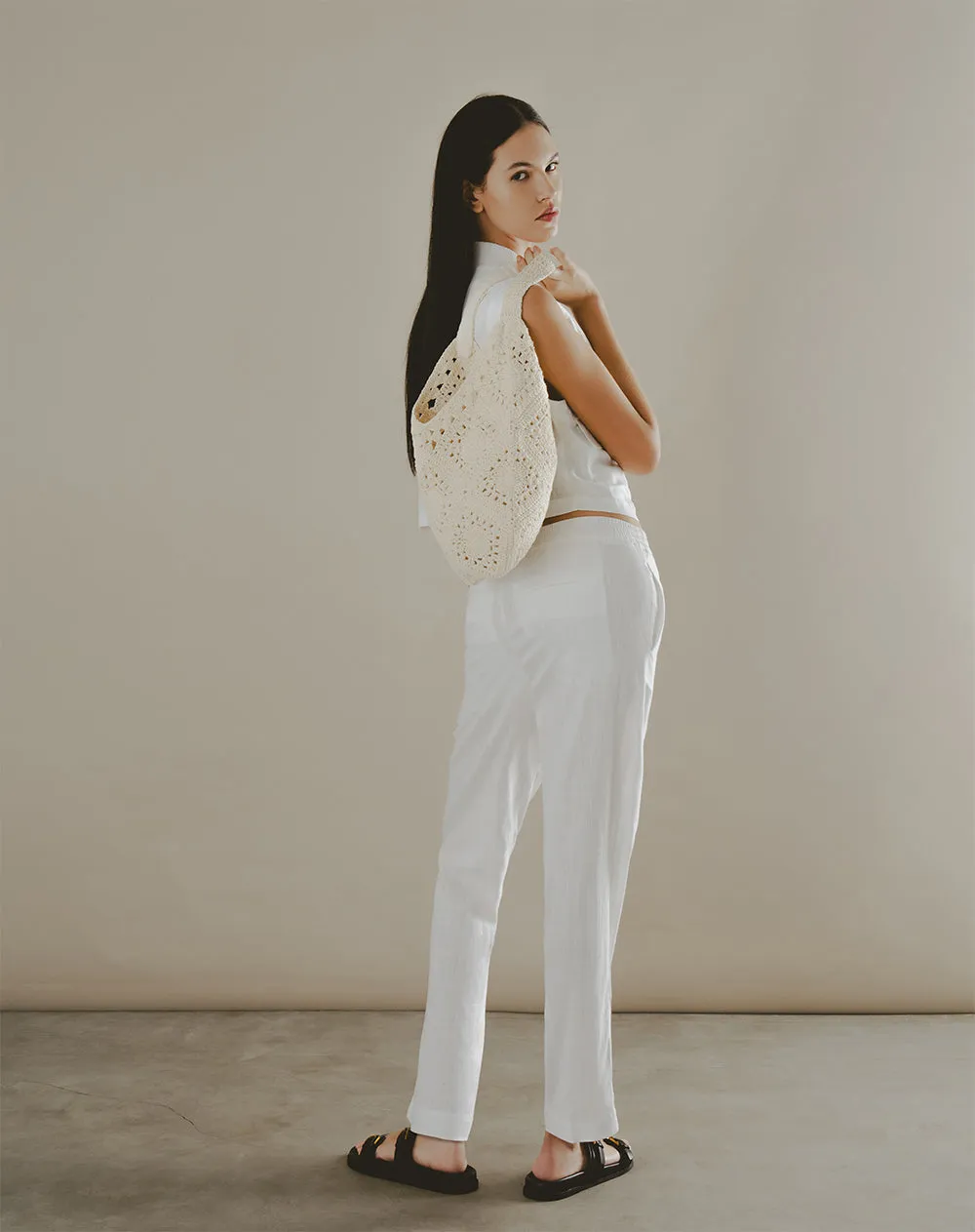 Pantalón recto tiro medio lino elástico en cintura blanco para mujer sold by Gef product image thumbnail 2