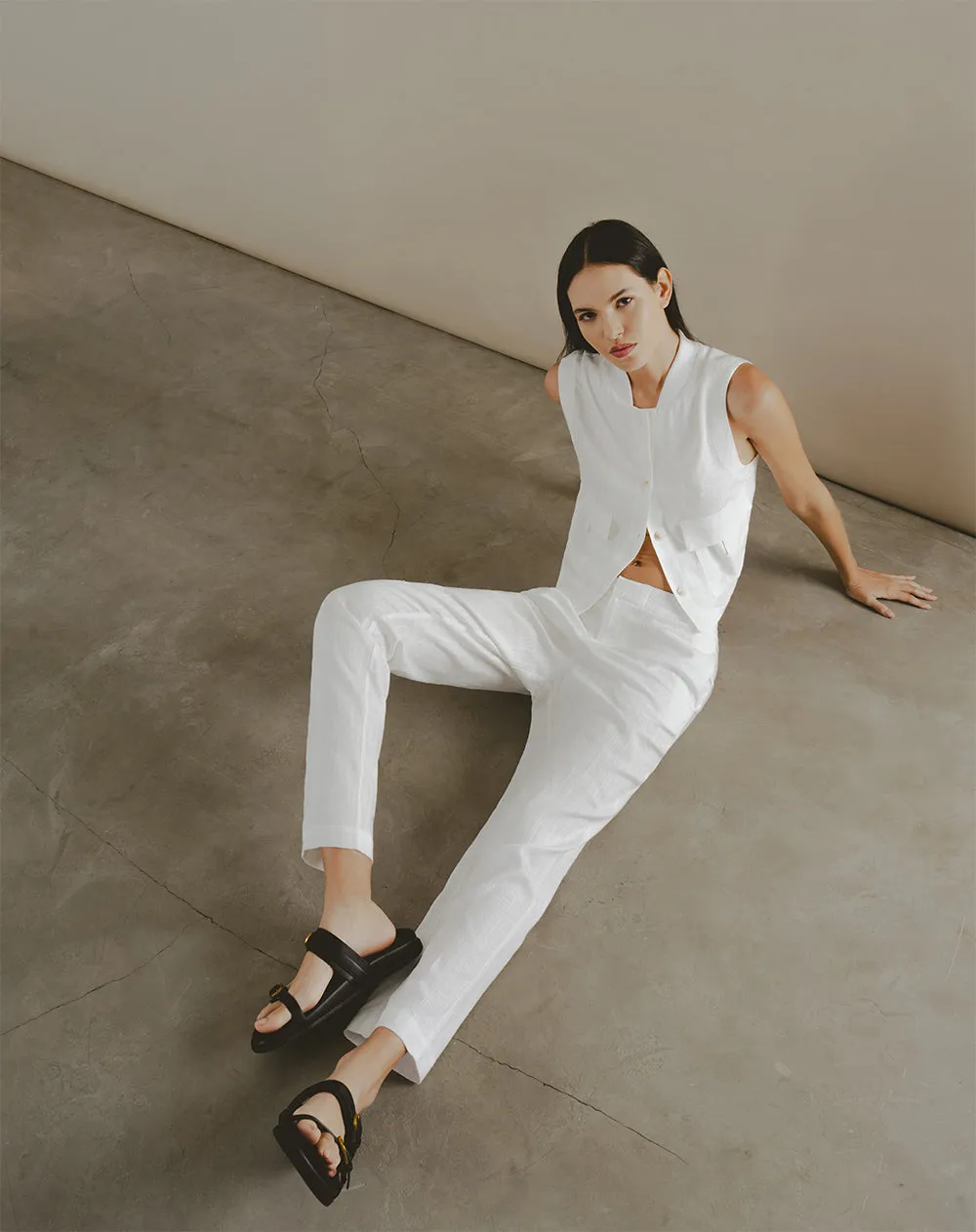 Pantalón recto tiro medio lino elástico en cintura blanco para mujer sold by Gef product image thumbnail 3