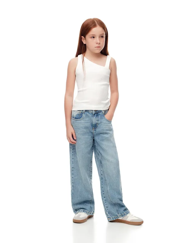 Jean wide leg tiro medio elástico interno indigo medio para niña sold by Gef
