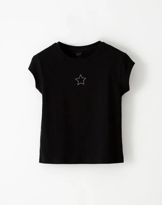 Camiseta regular algodón negra apliques brillo niña sold by Gef