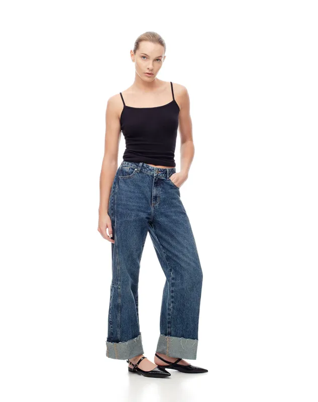 Jean wide leg tiro alto dobladillo índigo oscuro mujer sold by Gef