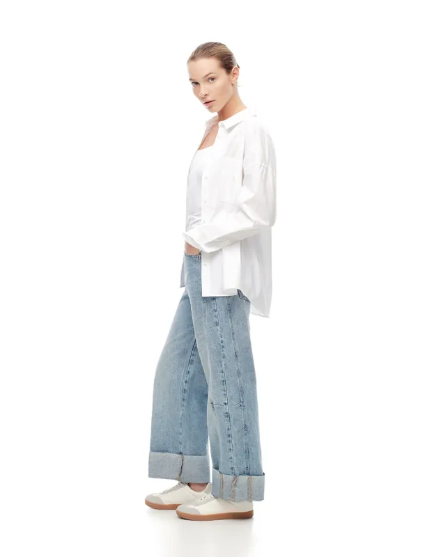 Jean wide leg tiro alto dobladillo índigo claro mujer sold by Gef