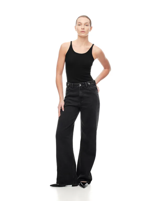 Jean wide leg tiro alto 5 bolsillos negro para mujer sold by Gef