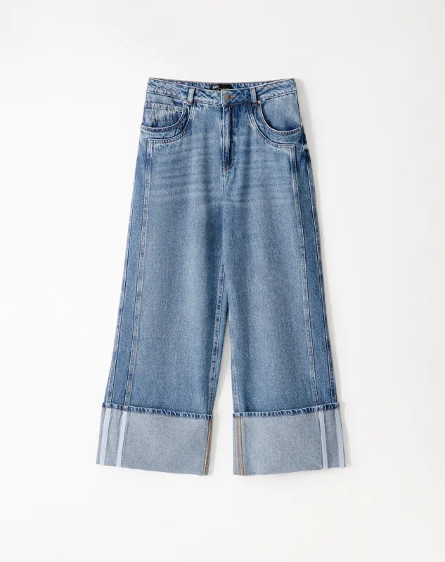 Jean wide leg tiro alto doblez en bota indigo medio para mujer sold by Gef