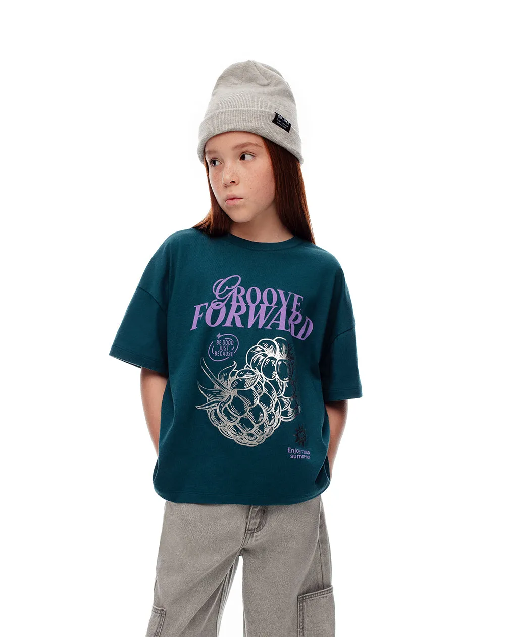 Camiseta oversize algodón verde estampada niña sold by Gef