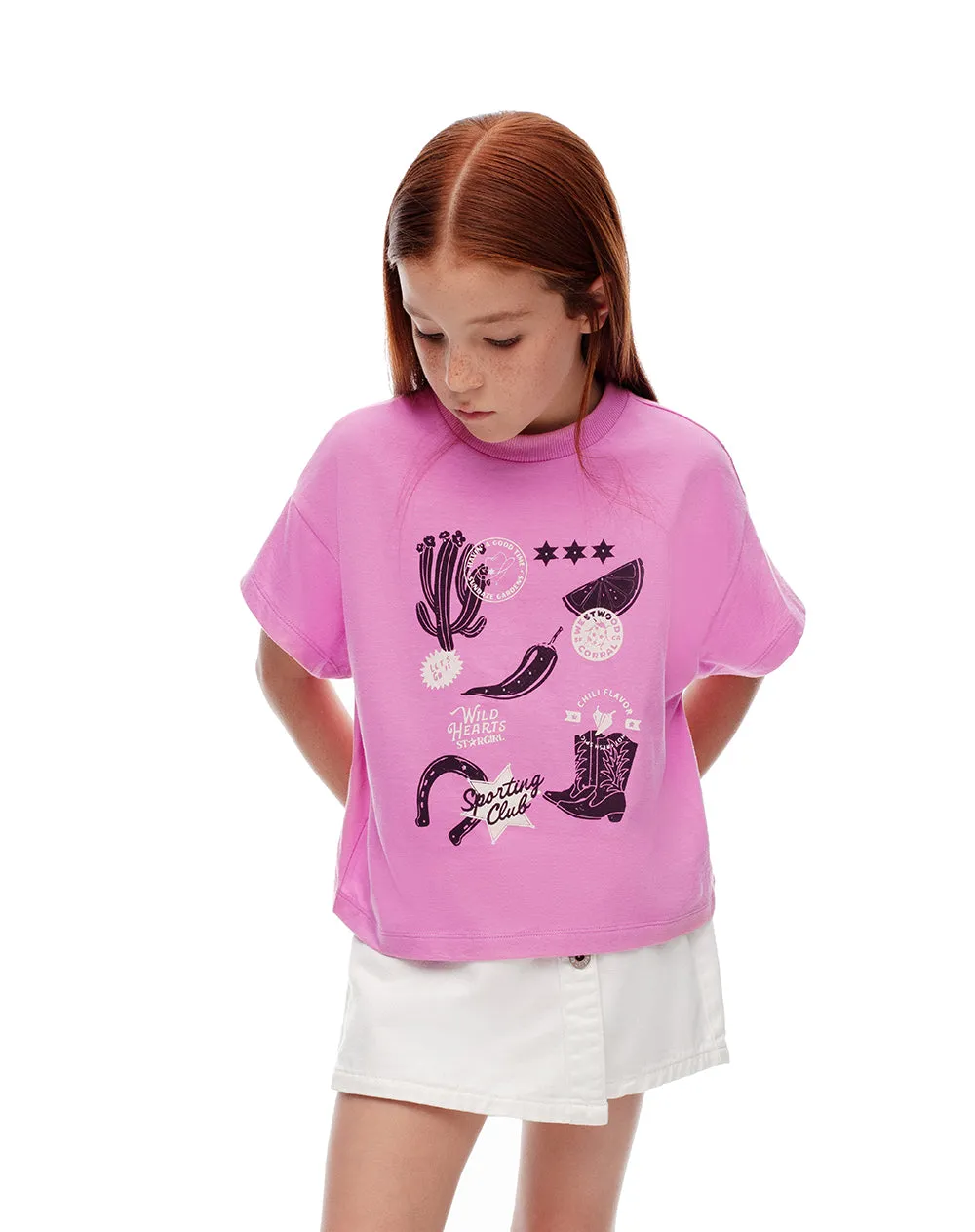 Camiseta regular algodón rosa estampada niña sold by Gef