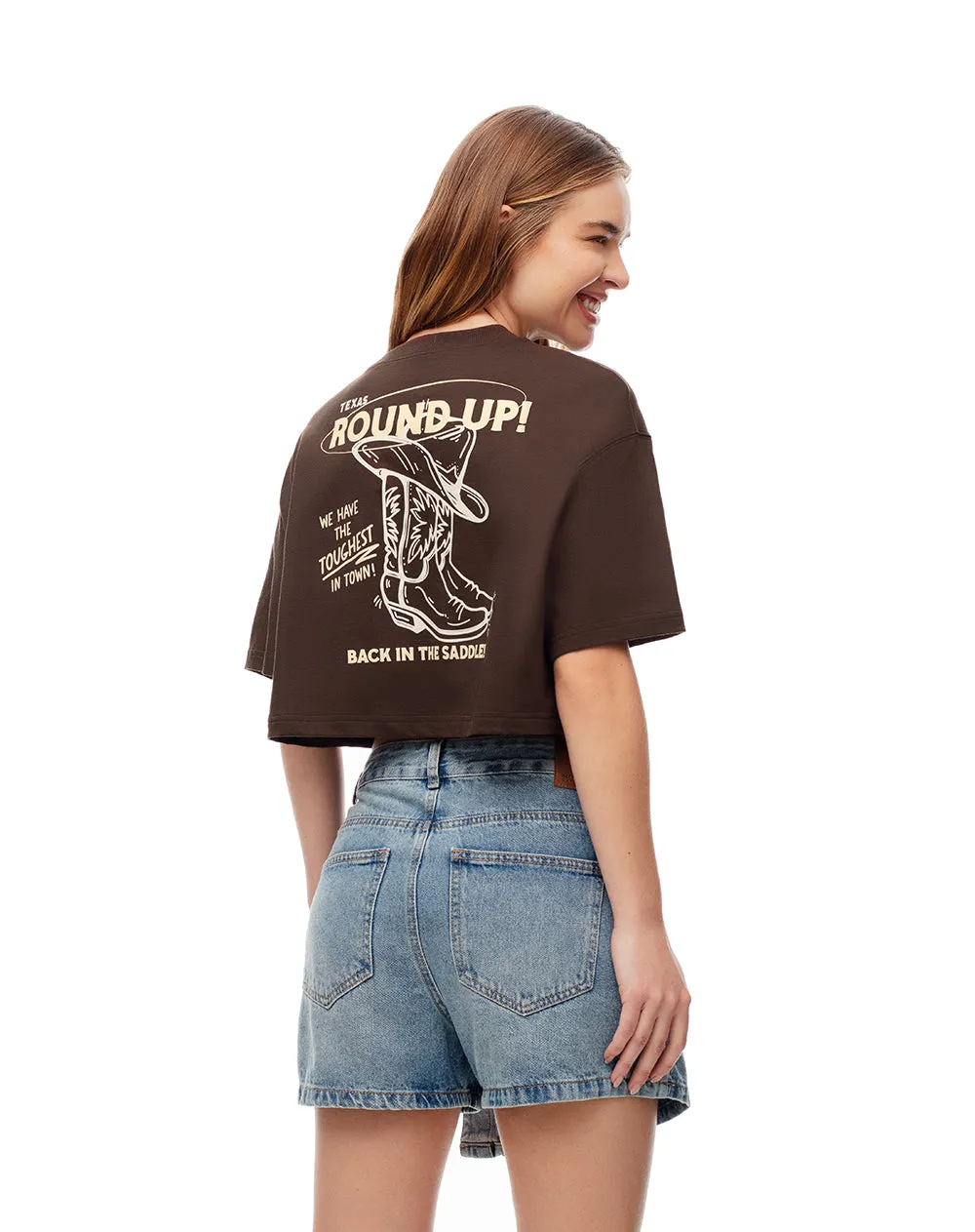 Camiseta crop regular algodón chocolate estampada mujer sold by Gef