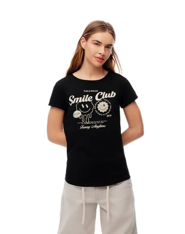 Camiseta regular algodón negra estampada mujer sold by Gef