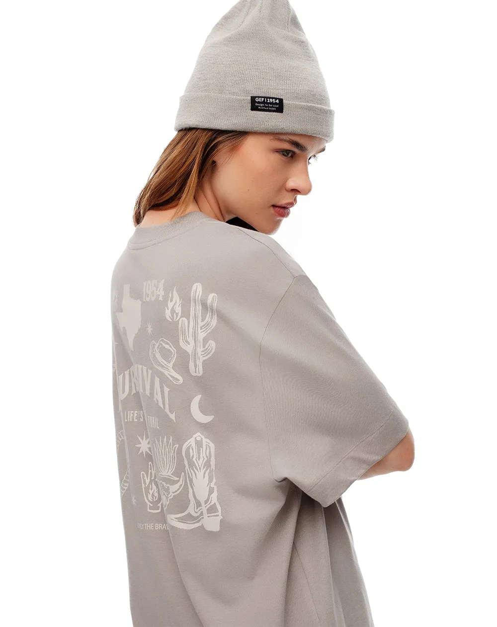 Camiseta oversize algodón taupe estampada mujer sold by Gef