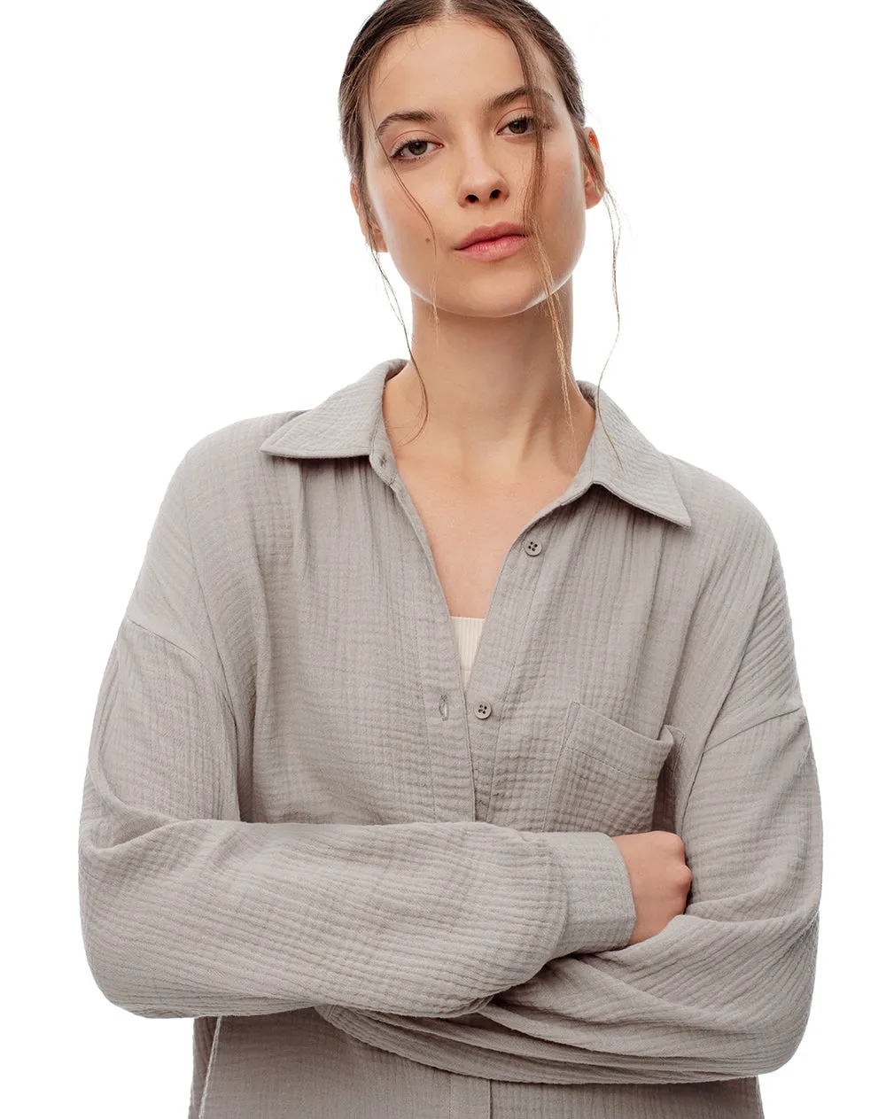 Camisa relax manga larga algodón taupe mujer sold by Gef product image thumbnail 4