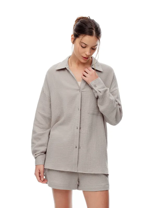 Camisa manga larga holagada algodón taupe mujer sold by Gef