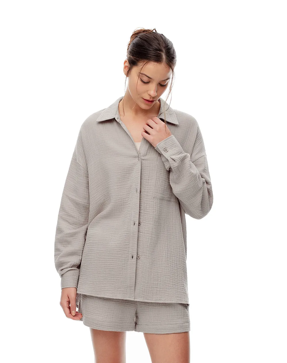 Camisa relax manga larga algodón taupe mujer sold by Gef