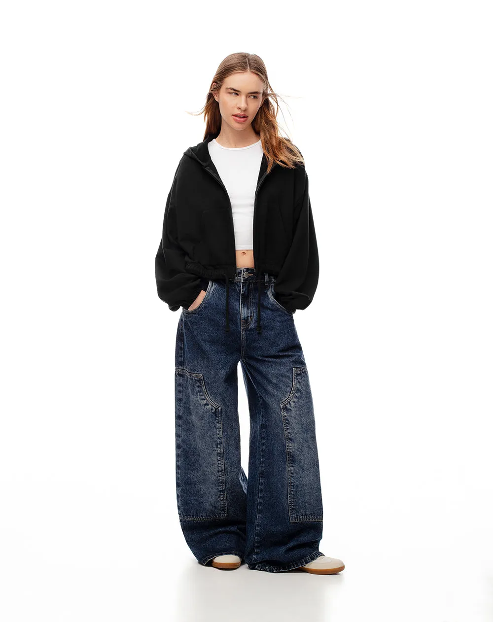 Jean wide leg utilitario tiro medio índigo oscuro mujer sold by Gef
