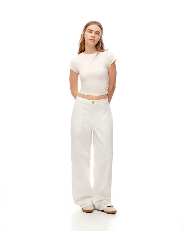 Pantalón wide leg tiro medio en drill algodón habano mujer sold by Gef