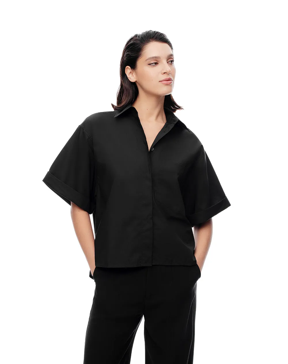 Camisa manga corta oversize algodón negra mujer sold by Gef