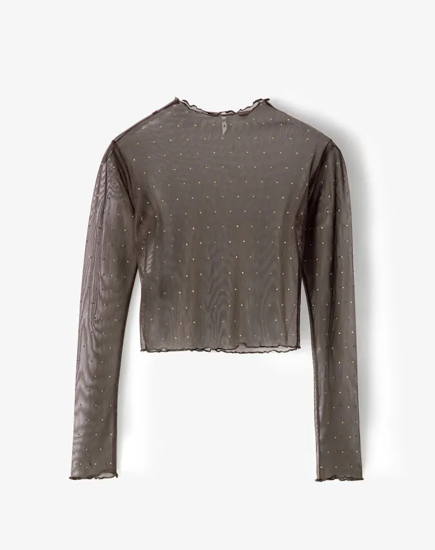 Camibuzo slim tejido tull brillos chocolate mujer sold by Gef