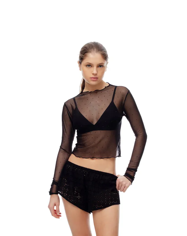 Camibuzo slim tejido tull brillos negro mujer sold by Gef
