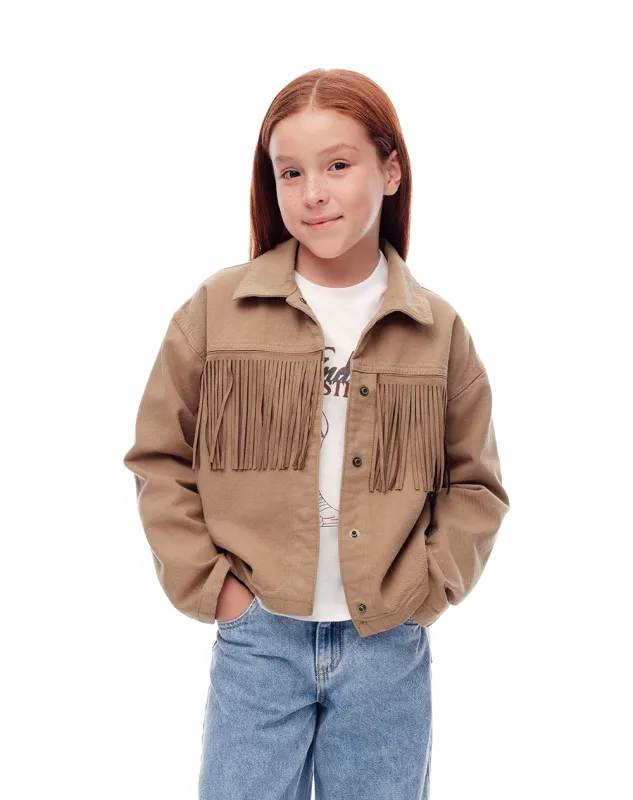 Chaqueta regular flecos algodón café niña sold by Gef