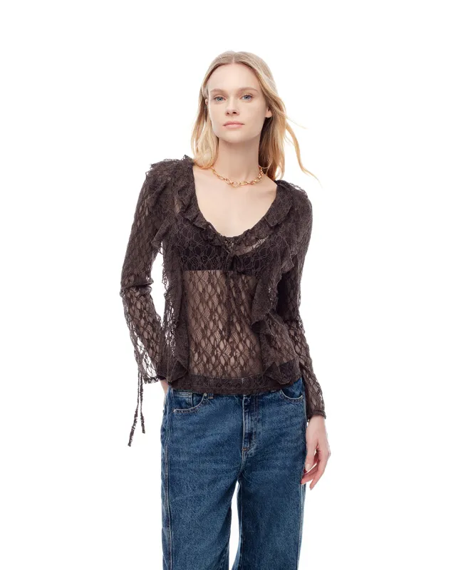 Blusa manga larga regular encaje chocolate mujer sold by Gef