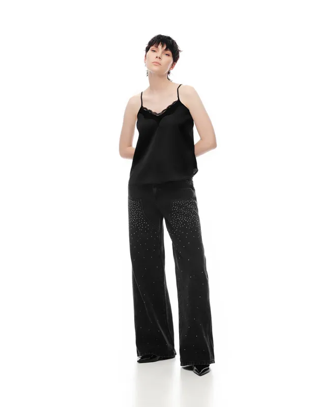 Jean wide leg tiro medio brillos negro mujer sold by Gef