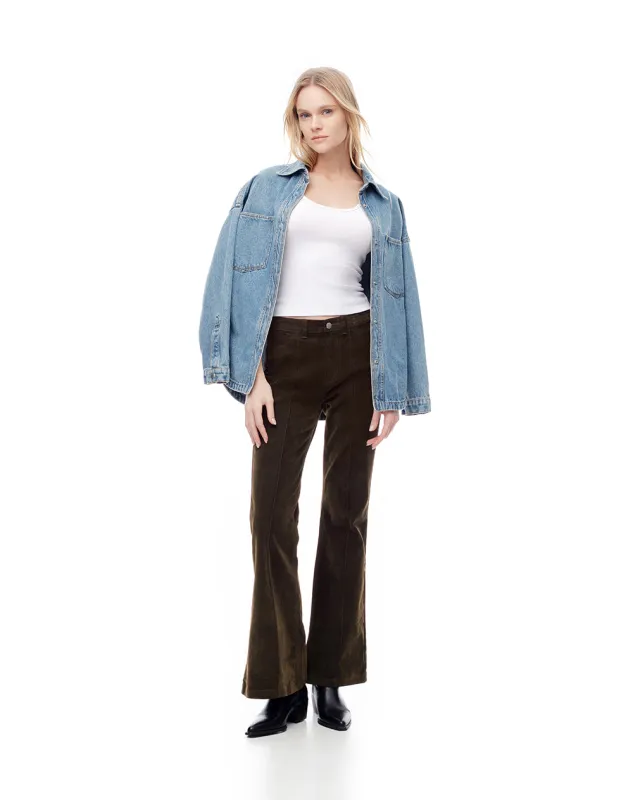 Jean flare tiro alto efecto gamuza café mujer sold by Gef