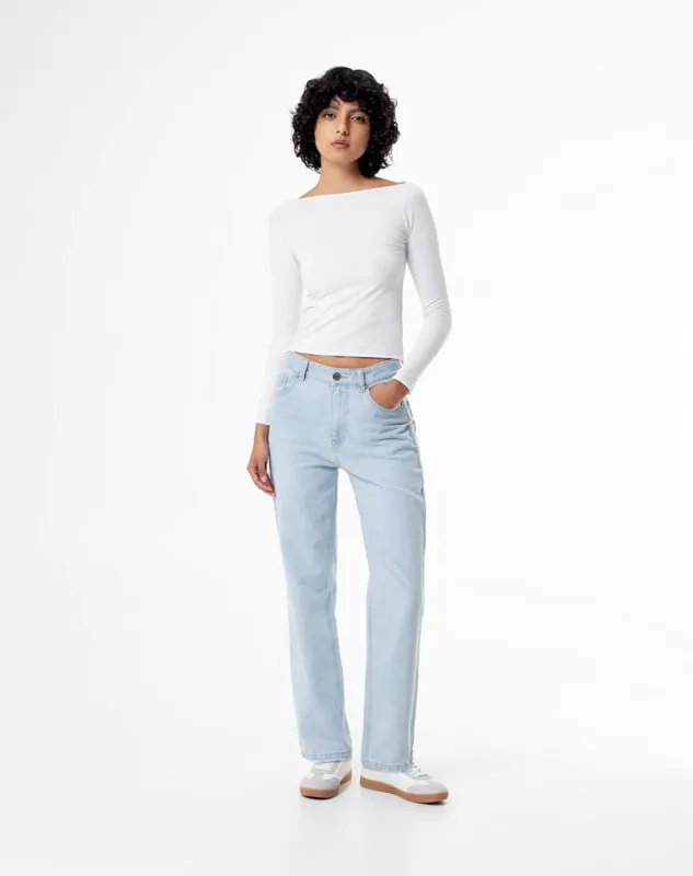 Jean recto tiro medio 5 bolsillos indigo claro para mujer sold by Gef
