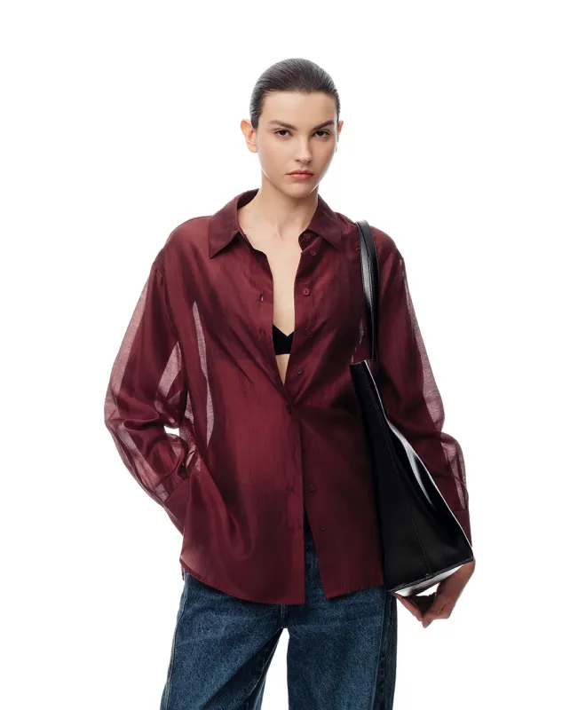 Camisa manga larga oversize vino tinto mujer made by Gef