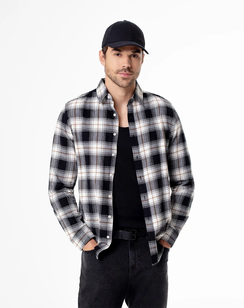 Camisa slim fit manga larga negra con cuadros sold by Gef