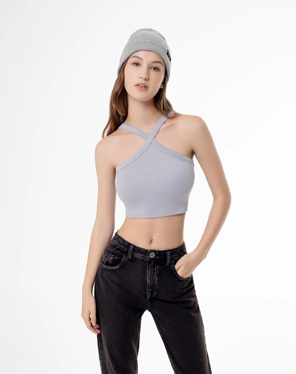 Crop top slim rib algodón gris mujer sold by Gef