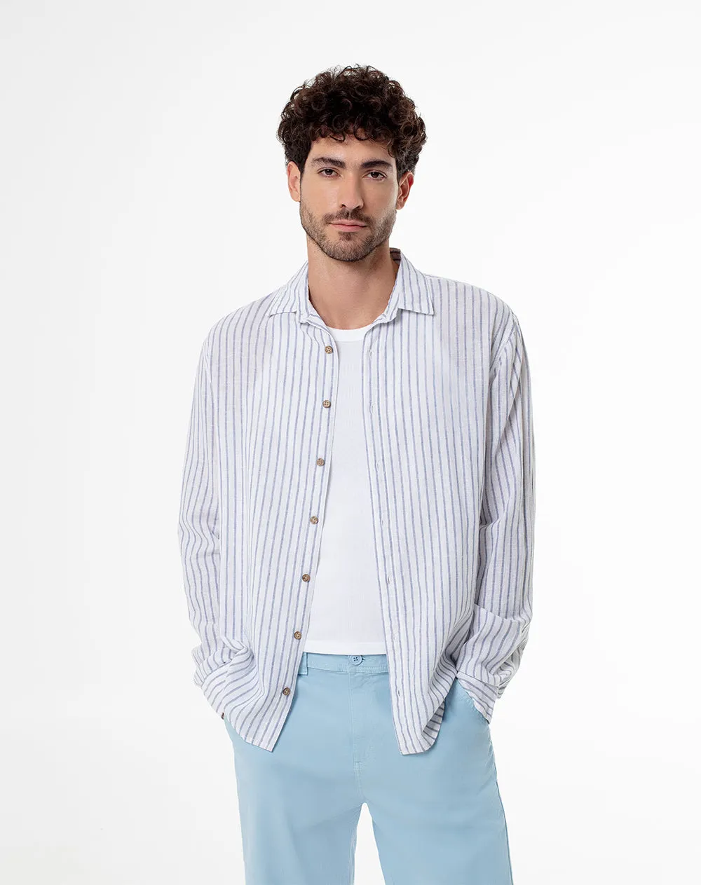 Camisa manga larga regular lino rayas hombre sold by Gef product image thumbnail 3