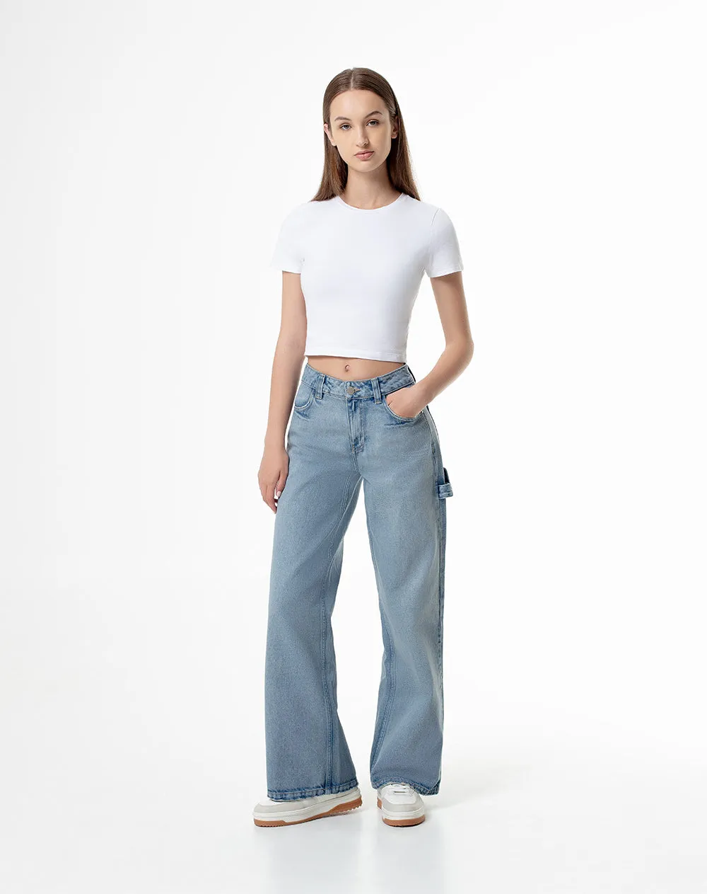 Jean wide leg tiro medio 4 bolsillos indigo medio para mujer sold by Gef