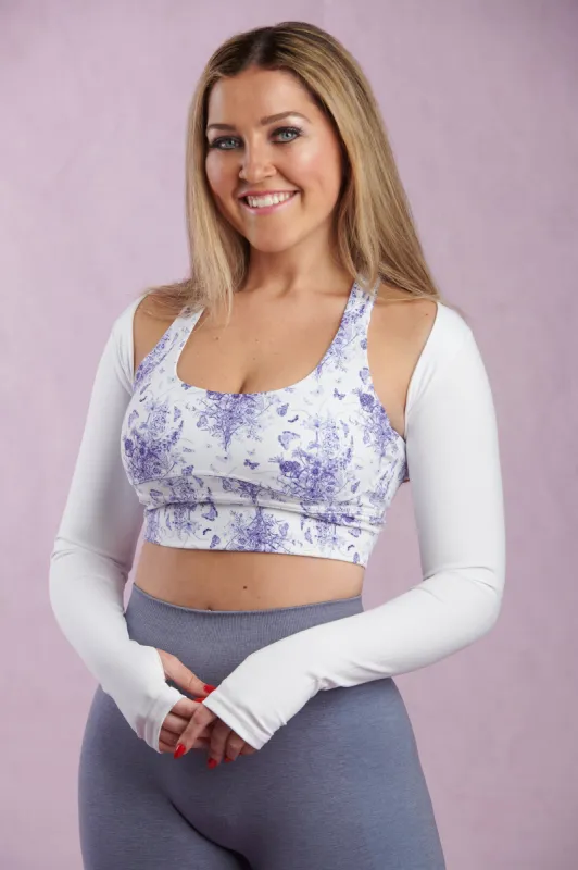 Betty Sports Bra (Blue Butterfly Toile) sold by Dirty Candy Sportswear