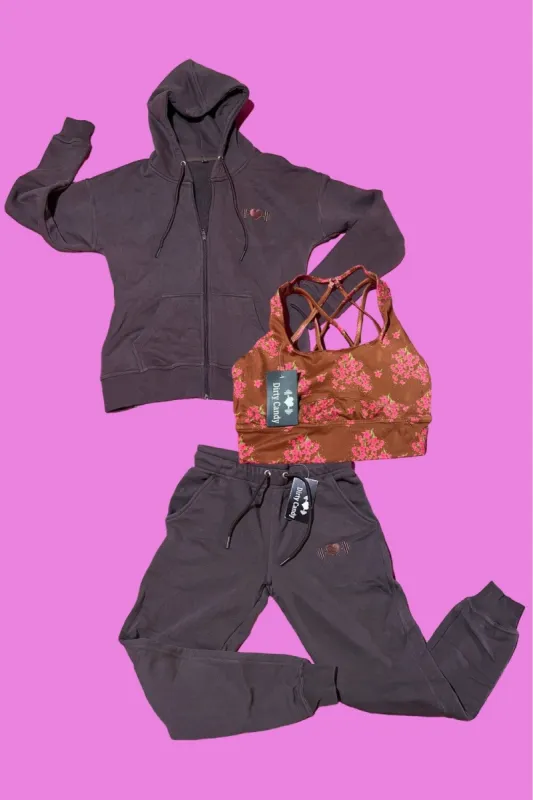 Zip Up Hoodie/Jogger/Betty Sports Bra Bundle(Chocolate Cake/Autumn Bloom) sold by Dirty Candy Sportswear