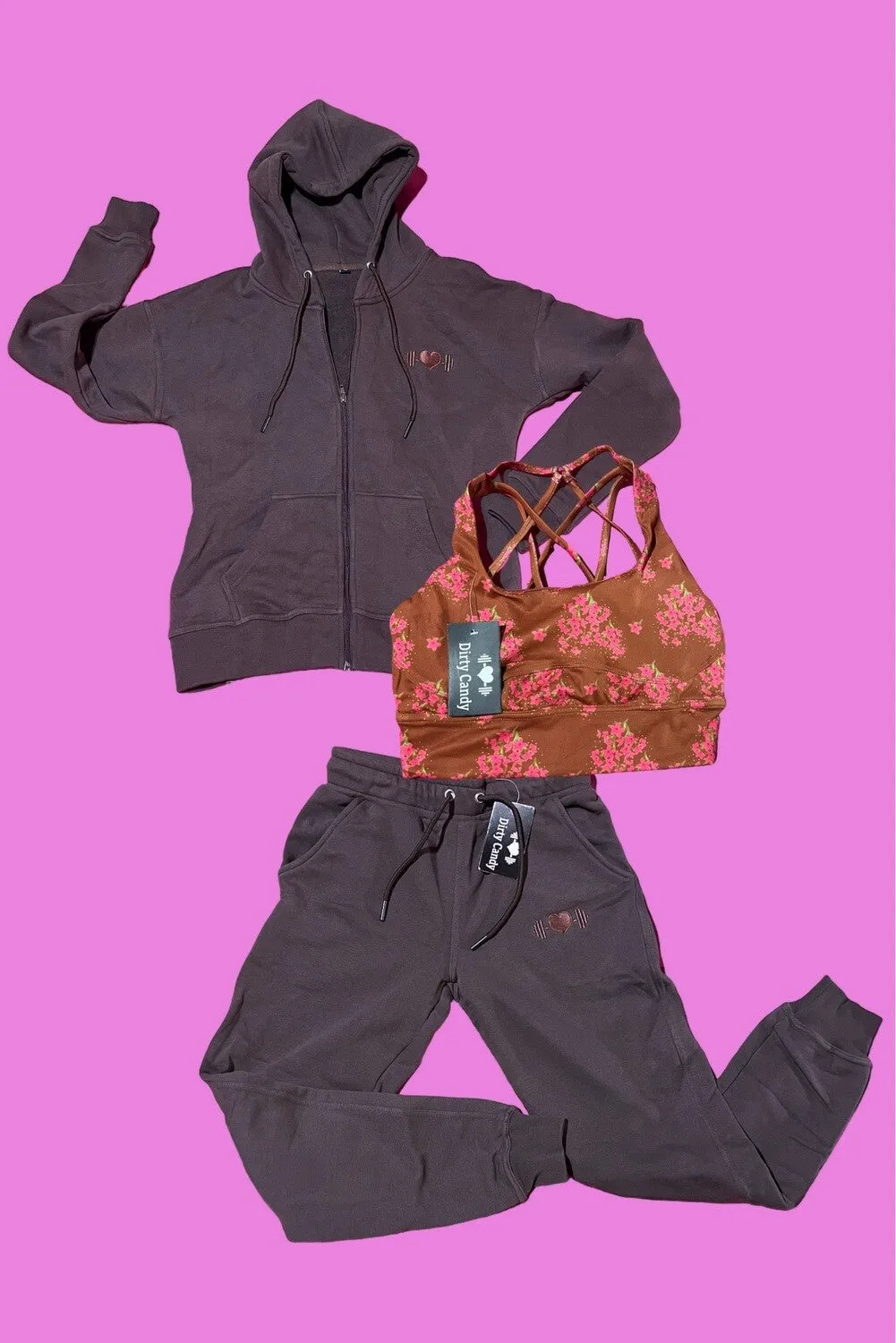Zip Up Hoodie/Jogger/Betty Sports Bra Bundle(Chocolate Cake/Autumn Bloom) sold by Dirty Candy Sportswear