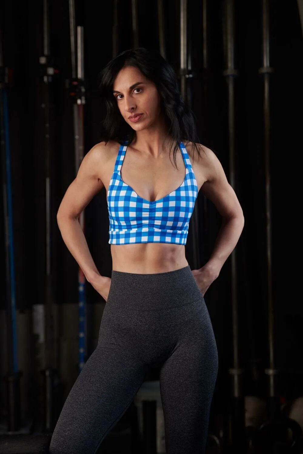 Pin Up Girl Sports Bra (Blue Gingham) sold by Dirty Candy Sportswear