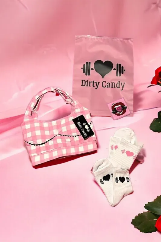 Malibu Sports Bra (Pink Gingham)+Socks (blk logo+pink logo) sold by Dirty Candy Sportswear
