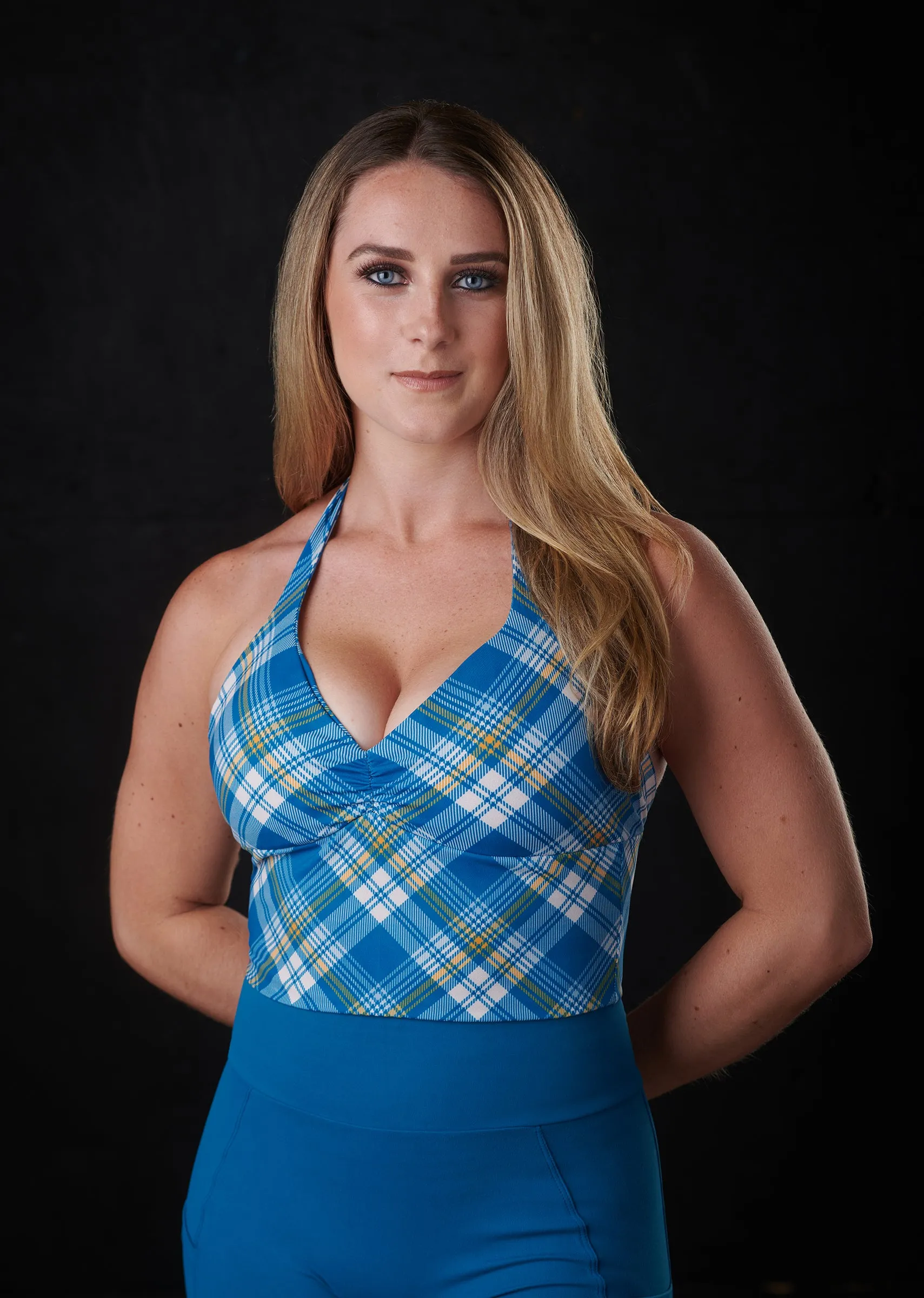 The "Marilyn" Sports Bra (Blue/Yellow Plaid) sold by Dirty Candy Sportswear product image thumbnail 2