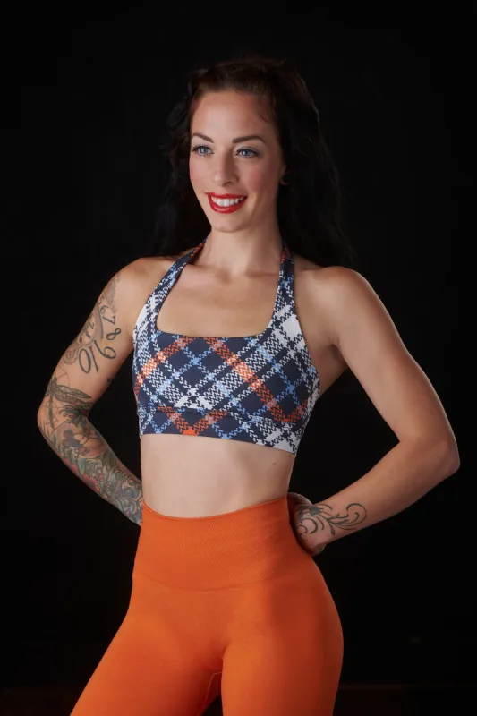 "Allure" Sports Bra (Navy/ Orange Plaid) sold by Dirty Candy Sportswear