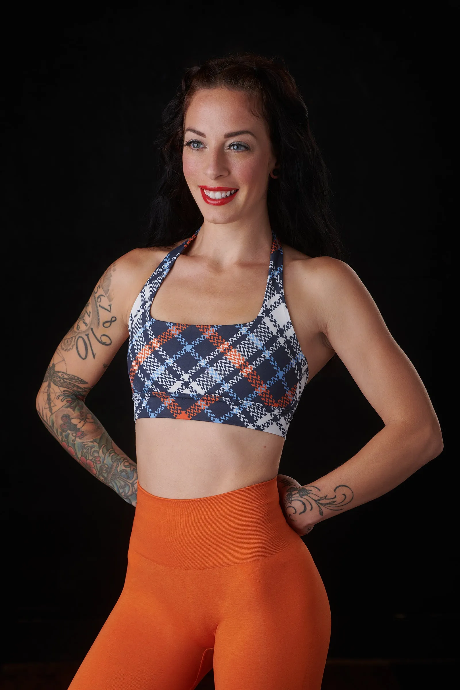 "Allure" Sports Bra (Navy/ Orange Plaid) sold by Dirty Candy Sportswear