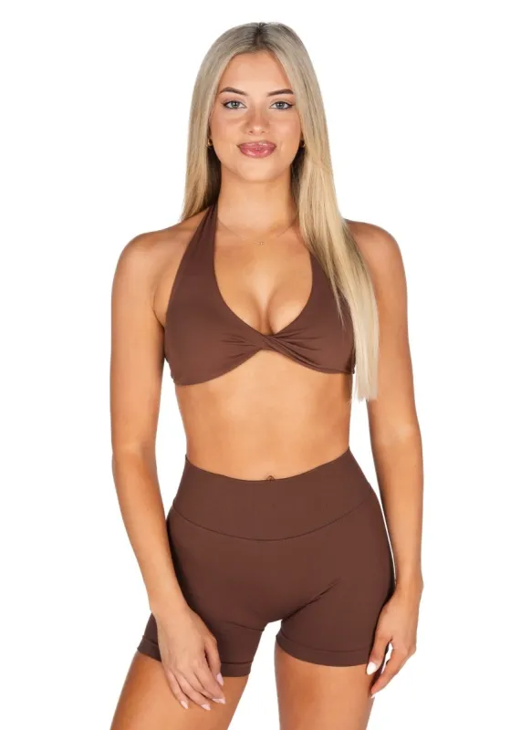 Dynamic Halter Twist Crop - Mocha Brown sold by Kikiva