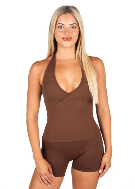 Dynamic Halter Seamless Singlet - Mocha Brown sold by Kikiva