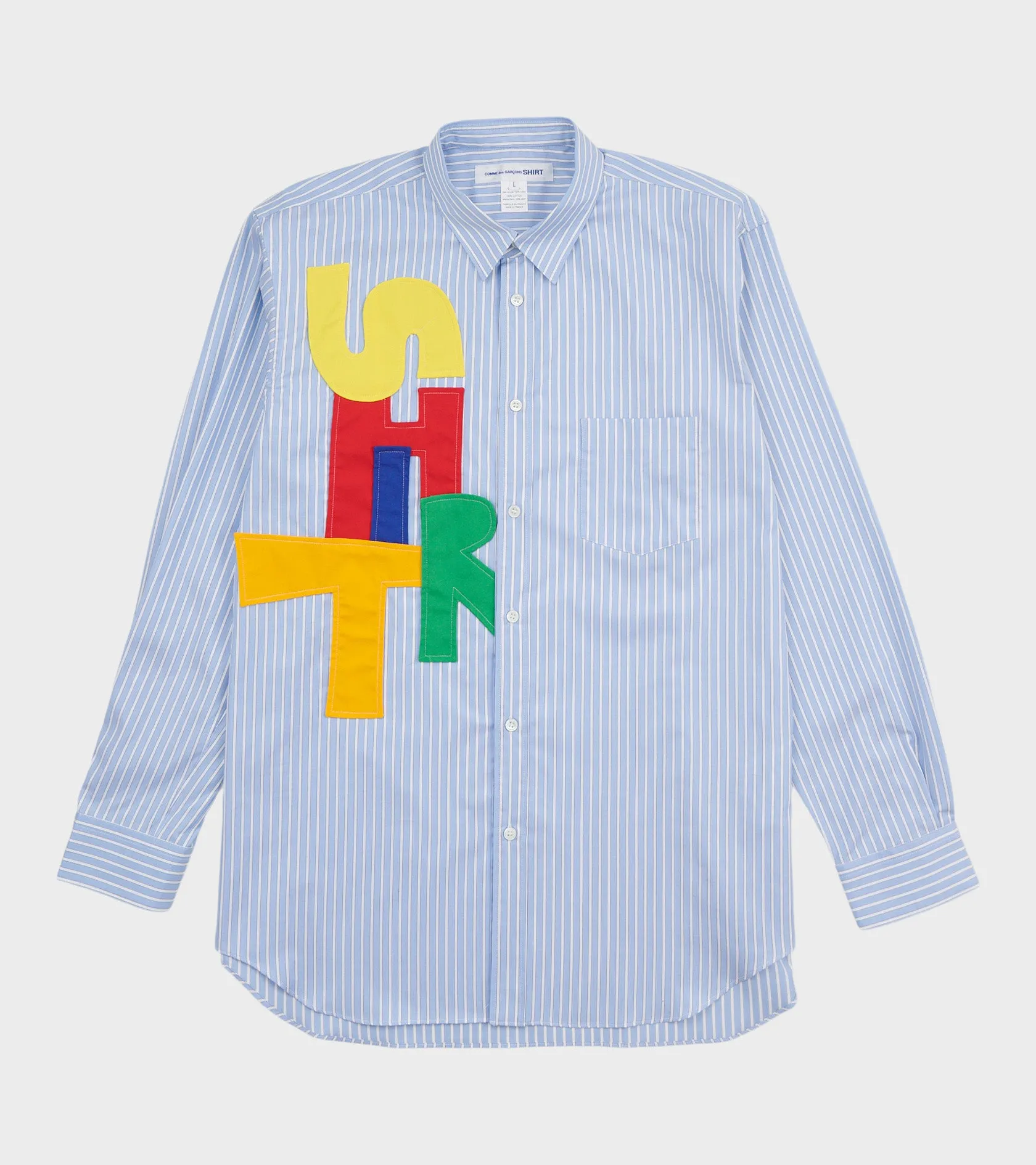 Striped Multicolor Patchwork Logo Shirt Light Blue/White sold by Dr. Adams