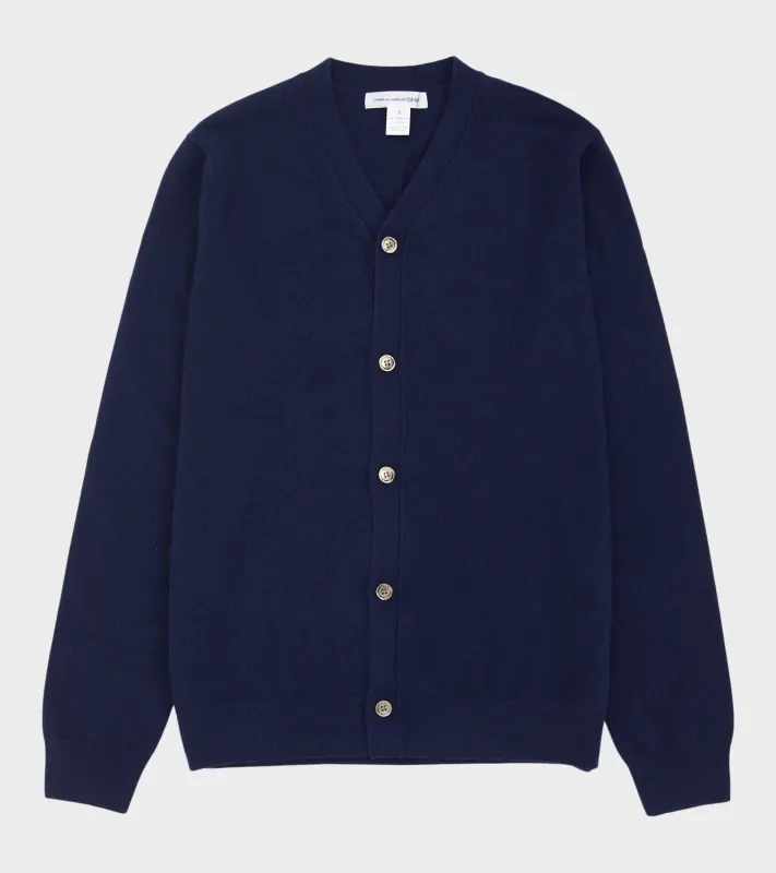 V-neck Lambswool Cardigan Navy made by Comme des Garcons