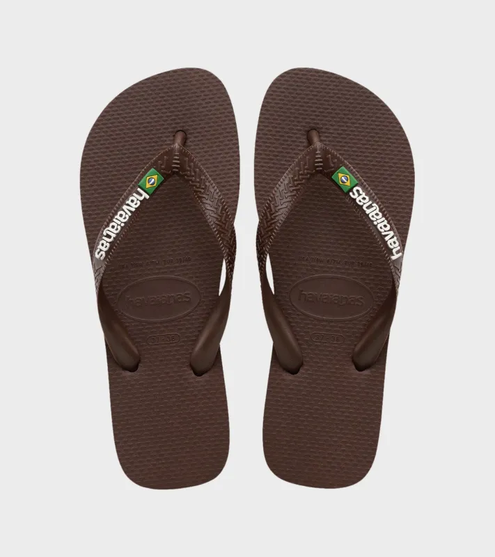 Brazil Logo Flip Flops Dark Brown/White sold by Dr. Adams