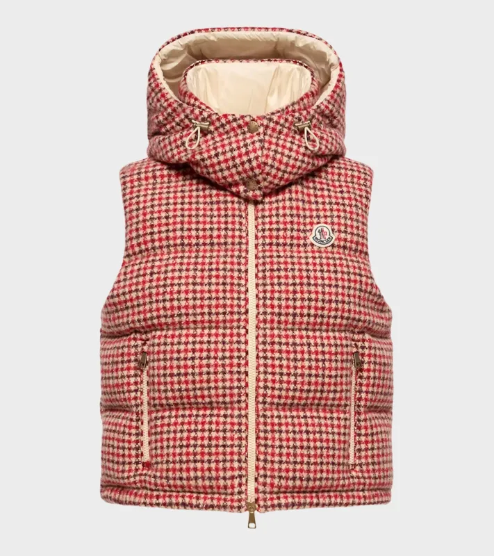 Niverolle Houndstooth Wool Blend Down Vest Rose Pink/Red made by Moncler